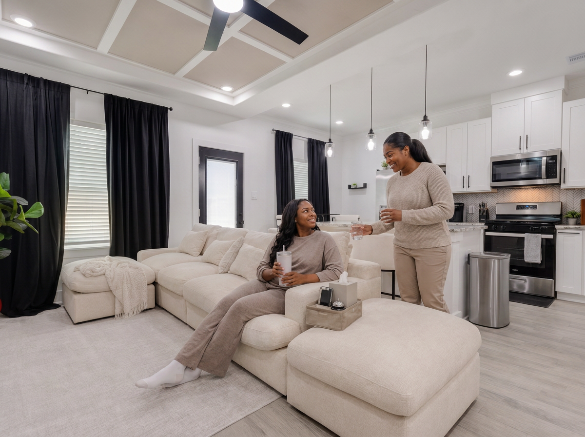 A recovering guest relaxing in Magnolia's living room while an attendant brings water